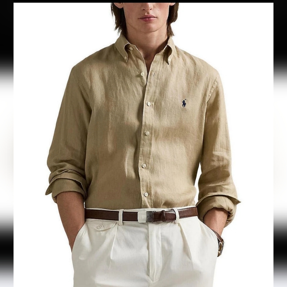 Ralph Lauren Blake Silk X Linen Shirt Men's Light Brown Button-Down Size M